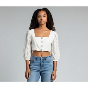 FARM Rio White Crop Top Puff Sleeve Square neck Button Front Boho Size S Linen